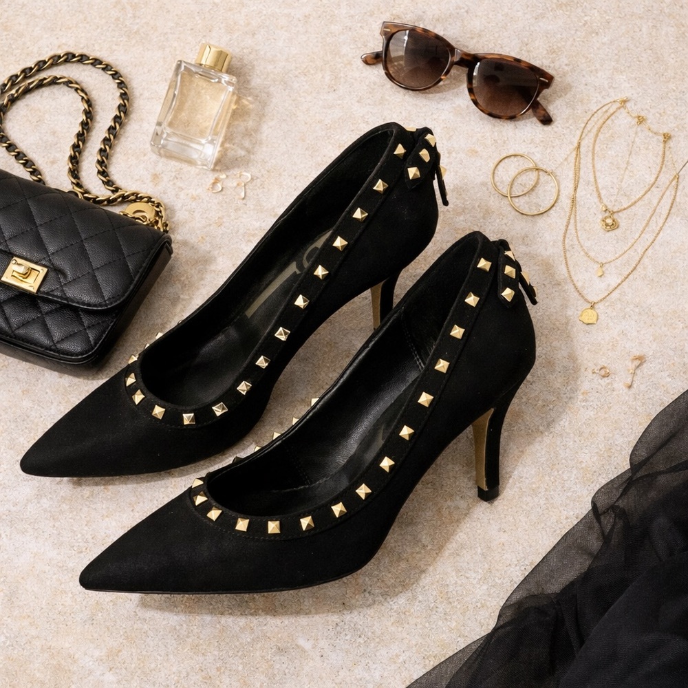 ELLE Women’s 6.5 Black Studded Pointed Toe Bow Stiletto Pumps Heels